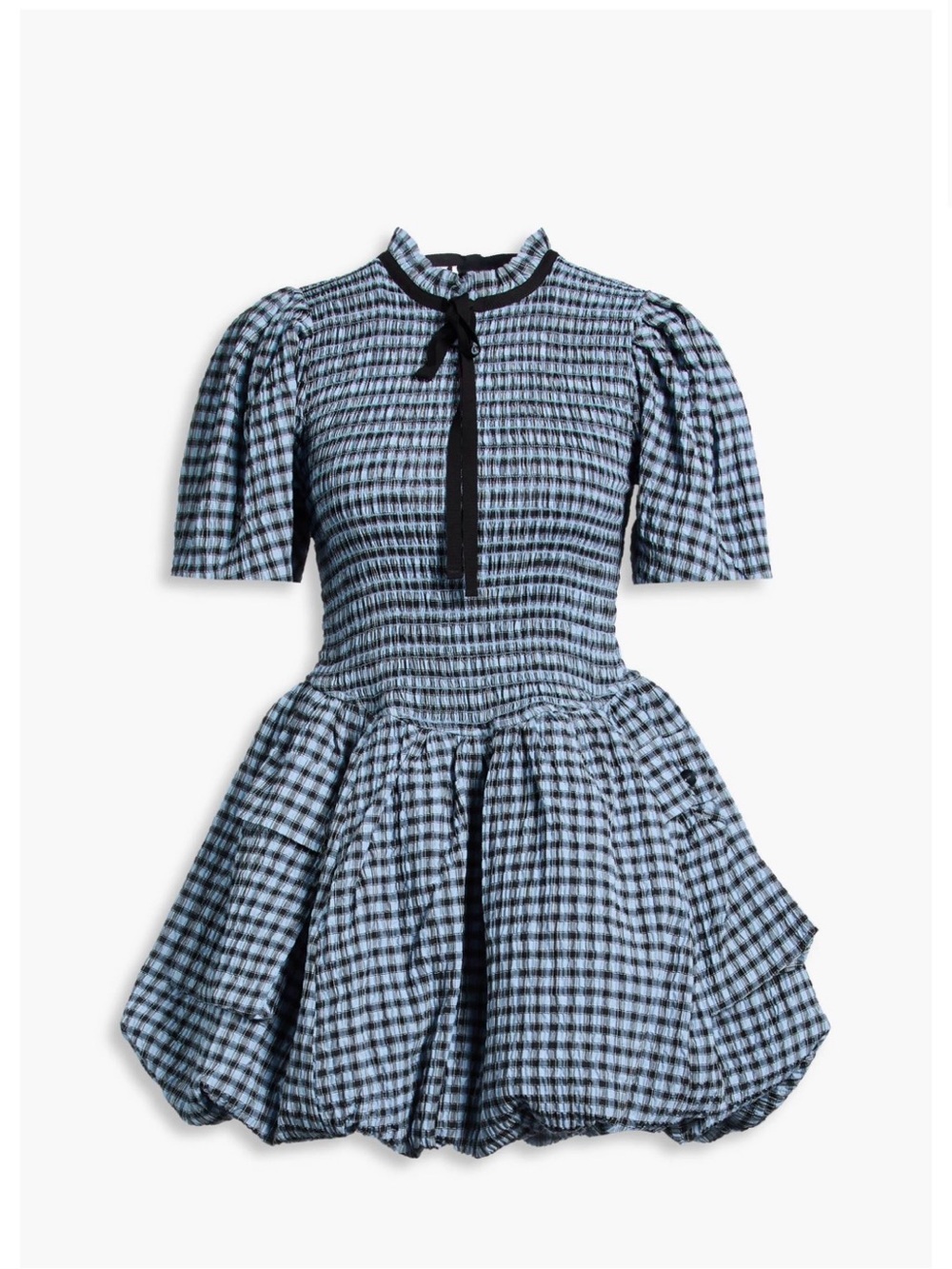 Ganni Blue and Black Smocked Gingham Puff-Sleeve Mini Dress